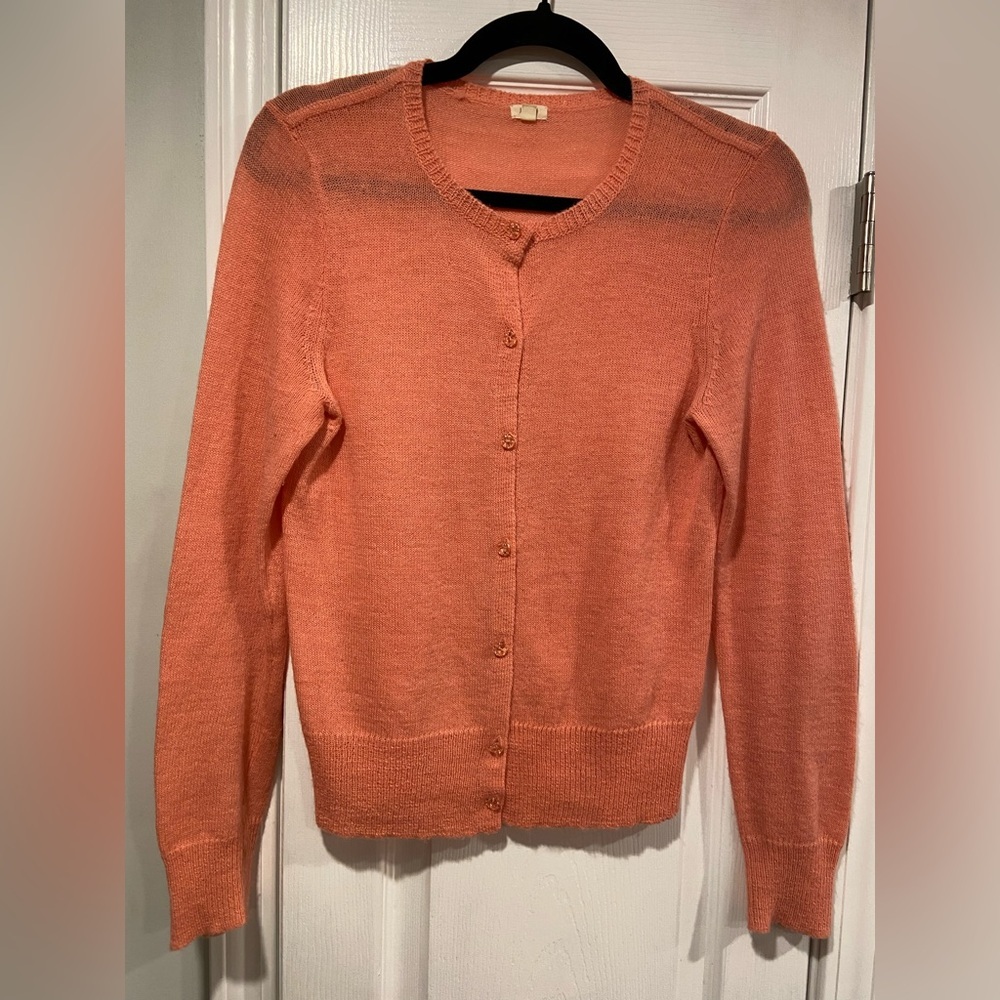 J. Crew Size S Coral Crystal Button Long Sleeve Lightweight Alpaca Cardigan